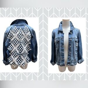 One of a kind hand made shabby chic denim jacket Crocheted vintage piece on back